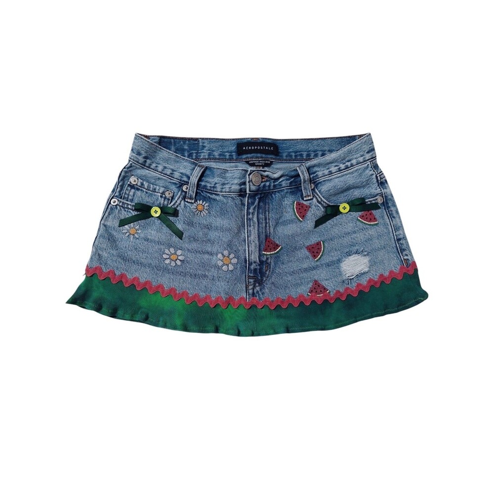 Upcycled Denim Ruffle Mini Skirt 6 S Small Bows Fruit Feminine Cute Daisy Aero